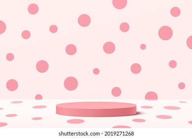 Abstract 3D sweet pink cylinder pedestal podium with pastel pink polka dot wall scene on white room. Vector rendering minimal geometric platform design for valentine product display presentation.