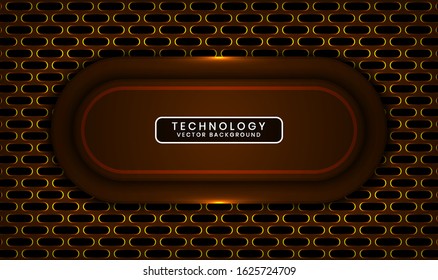 Abstract 3D techno background with oval perforated metallic. Overlap layers on dark space with yellow light effect decoration. Modern graphic design template for poster, flyer, or brochure elements