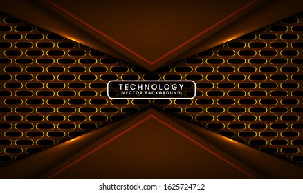 Abstract 3D techno background with oval perforated metallic. Overlap layers on dark space with yellow light effect decoration. Modern graphic design template for poster, flyer, or brochure elements