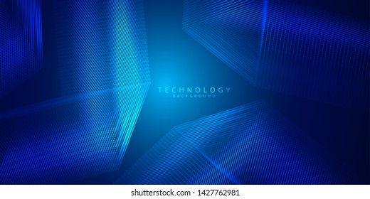 Abstract 3d technology and science blue neon visualization. Blockchain and cryptocurrency. Digital wallpaper. Business concept. Big data and artificial intelligence. Rendering computer virtual reality