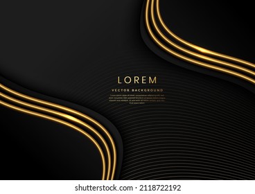 Abstract 3d template black background with gold lines curved wavy with copy space for text. Luxury style. Vector illustration