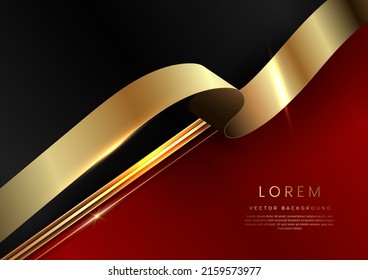 Abstract 3d template diagonal red and black with gold ribbon lines background. Luxury concept with copy space for text. Vector illustration