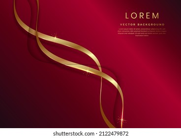 Abstract 3d template red background with gold ribbon curved wavy sparking with copy space for text. Luxury style. Vector illustration