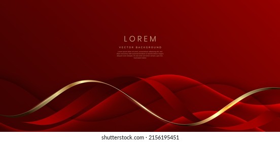 Abstract 3d template red background with gold lines curved wavy with copy space for text. Luxury style. Vector illustration