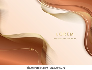 Abstract 3d template soft brown background with gold lines curved wavy sparking with copy space for text. Luxury style. Vector illustration