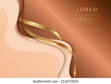 Abstract 3d template soft pink on brown background with gold lines curved wavy sparking with copy space for text. Luxury style. Vector illustration