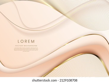 Abstract 3d template soft pink background with gold lines curved wavy sparking with copy space for text. Luxury style. Vector illustration