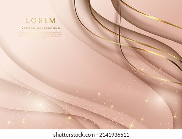 Abstract 3d template soft pink background with gold lines curved wavy sparking with copy space for text. Luxury style. Vector illustration
