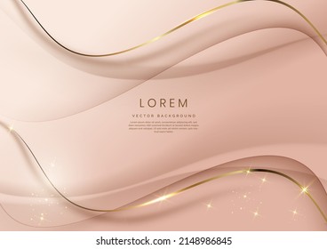 Abstract 3d template soft pink background with gold lines curved wavy sparking with copy space for text. Luxury style. Vector illustration