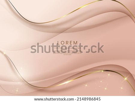 Abstract 3d template soft pink background with gold lines curved wavy sparking with copy space for text. Luxury style. Vector illustration