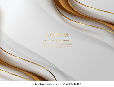 Abstract 3d template white background with gold lines curved wavy sparking with copy space for text. Luxury style. Vector illustration