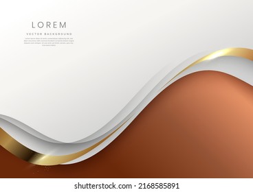 Abstract 3d template white on brown background with gold lines curved wavy sparking with copy space for text. Luxury style. Vector illustration