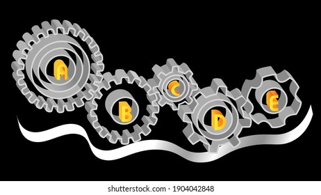 Abstract 3d themed interlocking gear wheels and 3d text on a wavy path; continuous education concept; connected learning concept.