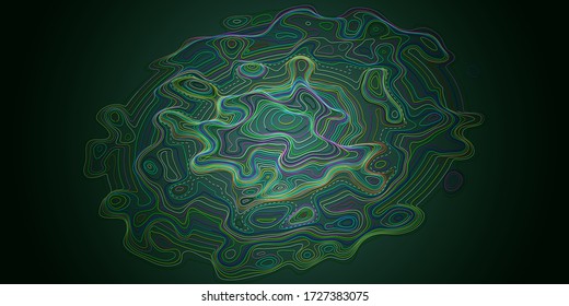 Resumen del fondo topográfico 3D. Mapa abstracto del contorno de color Sci-Fi HUD. Concepto tecnológico con líneas de luz curvas. Ilustración vectorial para diseño gráfico 3d.