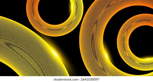 Abstract 3D torus mesh in glowing yellow lines on black background. Futuristic digital wireframe design for technology, science, and modern visual projects.