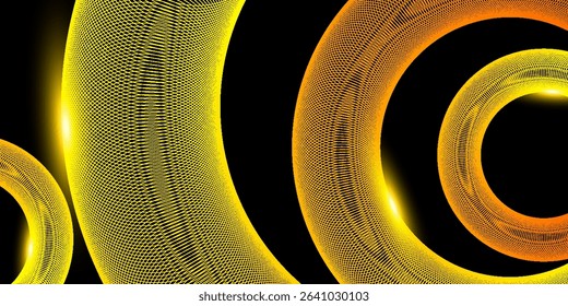 Abstract 3D torus mesh in glowing yellow lines on black background. Futuristic digital wireframe design for technology, science, and modern visual projects.