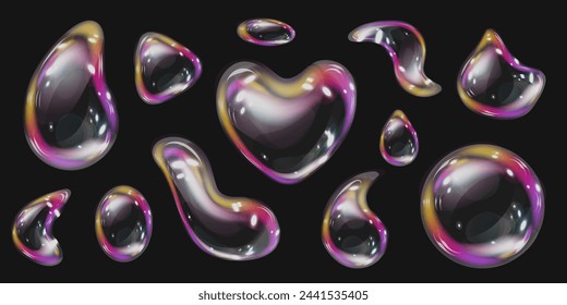 Abstract 3D transparent bubbles with refraction and glare. Vector illustration with soapy foam or colorful shiny rainbow balls isolated on a dark background.