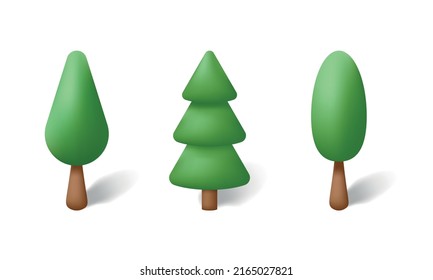 Abstract 3d trees isolated on white background. Volumetric image of plants. Garden, forest and park green tree. Vector illustration.
