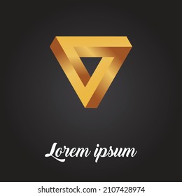 Resumen del logotipo del triángulo 3D con gradiente de color dorado aislado con fondo de color de gradiente negro y gris. todas las capas son únicas para cualquier personalización 