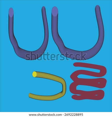 Abstract 3D tube shapes on a blue background. Features purple, yellow, and red wavy, curved, and coiled forms. Perfect for digital art, graphic design, and abstract backgrounds.