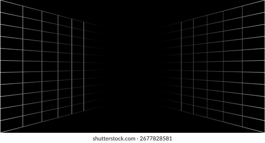 Abstract 3D tunnel grid background with glowing perspective lines. Futuristic digital design ideal for technology, science, and virtual reality themes.