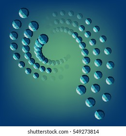 Abstract 3d of twisting low poly particles. Rotating polygonal spheres in empty space.