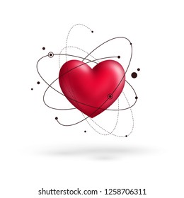 Abstract 3D Valentines Day concept heart with electron orbits.