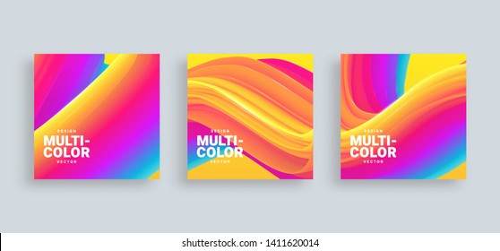 Abstract 3d vector covers set. Liquid texture, fluid gradient wave. Memphis background. Futuristic posters. Square templates for banners, brochures, flyers, posters for parties and festivals.1. Eps 10