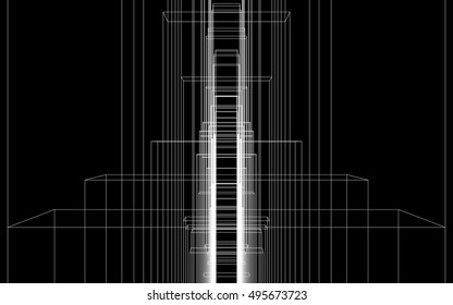 Abstract 3D vector design. Portal formed of wireframe structures. White lines on black background. Editable stroke width.