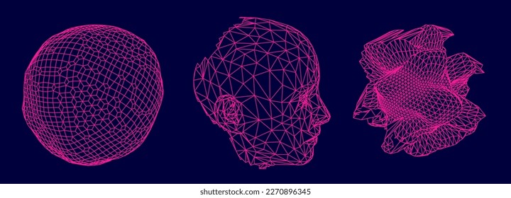 Abstract 3D vector elements made from a mesh. Distorted spheres and a human head on a dark background.