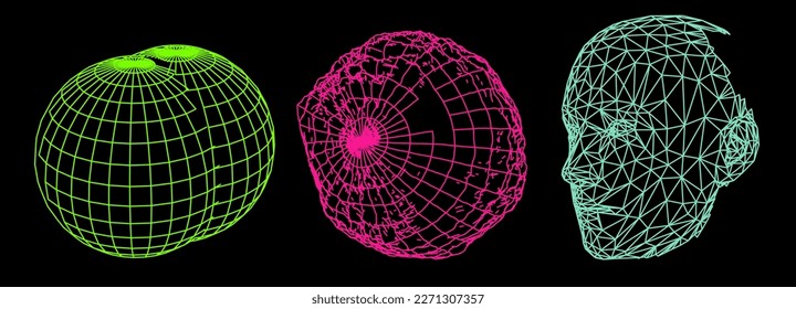 Abstract 3D vector elements made from a mesh. Distorted spheres and a human head on a dark background.
