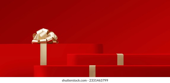 Abstract 3D Vector minimal scene for mockup product display. Minimal product background for Christmas and sale event concept. Red gift box with golden ribbon bow on red background. Vector EPS10