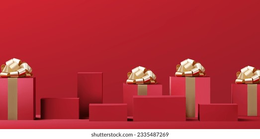 Abstract 3D Vector minimal scene for mockup product display. Minimal product background for Christmas and sale event concept. Red gift box with golden ribbon bow on red background. Vector EPS10