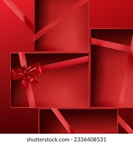 Abstract 3D Vector minimal scene for mockup product display. Minimal product background for Christmas and sale event concept. Red gift box with red ribbon bow on red background. Vector EPS10