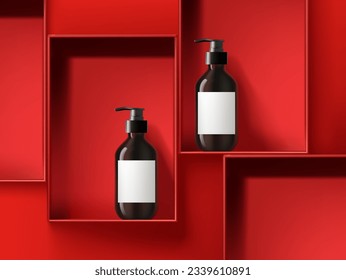 Abstract 3D Vector minimal scene for mockup product display. Minimal product background for Christmas and sale event concept. Red open box with cosmetic bottle on red background. Vector EPS10