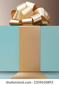 Abstract 3D Vector minimal scene for mockup product display. Minimal product background for Christmas and sale event concept. Blue gift box with golden ribbon bow on beige background. Vector EPS10