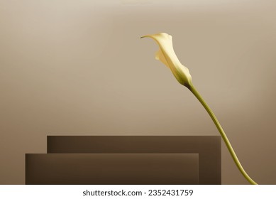 Abstract 3D Vector minimal scene for mockup product display. Cosmetic product background for sale event concept. Stage showcase with white calla lily on brown display studio background. Vector EPS10