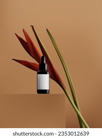 Abstract 3D Vector minimal scene for mockup product display. Cosmetic product background for sale event concept. Stage showcase with bird of paradise leaves on beige background. Vector EPS10
