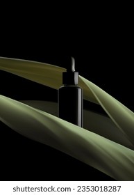 Resumen de la escena mínima de vectores 3D para la presentación de productos de simulación. Concepto de evento de fondo de producto cosmético para la venta. Muestra de escenario con hojas verdes sobre fondo de estudio de pantalla negro. EPS10 vectores