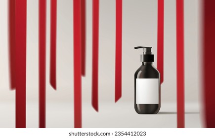 Resumen de la escena mínima de vectores 3D para la presentación de productos de simulación. Concepto de evento de fondo de producto cosmético para la venta. Muestra de escena con cinta roja sobre fondo blanco. EPS10 vectores