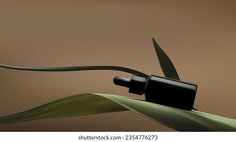 Resumen de la escena mínima de vectores 3D para la presentación de productos de simulación. Concepto de evento de fondo de producto cosmético para la venta. Muestra de escenario con hojas verdes sobre fondo de estudio de pantalla marrón. EPS10 vectores