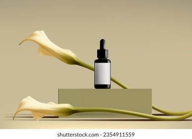 Abstract 3D Vector minimal scene for mockup product display. Cosmetic product background for sale event concept. Stage showcase with white calla lily on beige display studio background. Vector EPS10