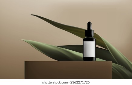 Abstract 3D Vector minimal scene for mockup product display. Cosmetic product background for sale event concept. Stage showcase with green leaves on beige display studio background. Vector EPS10