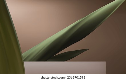 Abstract 3D Vector minimal scene for mockup product display. Cosmetic product background for sale event concept. Stage showcase with green leaves on beige display studio background. Vector EPS10