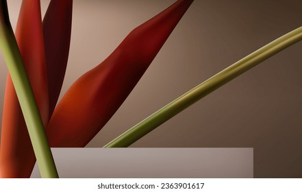 Abstract 3D Vector minimal scene for mockup product display. Cosmetic product background for sale event concept. Stage showcase with bird of paradise leaves on beige background. Vector EPS10