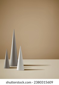 Abstract 3D Vector minimal scene for mockup product display. Minimal product background for Christmas and sale event concept. White podium with minimal christmas tree on beige background. Vector EPS10