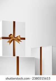 Abstract 3D Vector minimal scene for mockup product display. Minimal product background for Christmas and sale event concept. Gift box with golden ribbon bow on white background. Vector EPS10