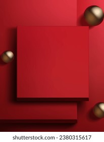 Abstract 3D Vector minimal scene for mockup product display. Minimal winter product background for Christmas sale event concept. Red podiumwith golden ball on red background. Vector EPS10