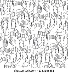 Abstract 3D vector seamless pattern. Geometric shapes outline monochrome textile ornament. Black and white volumetric labyrinth, maze background. Minimalistic wrapping paper, wallpaper design