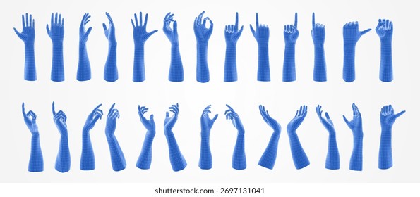 Abstract 3D vector set of digital hands, gestures in AI and human interaction concept. Blue wireframe palms with node connections. Futuristic AR technology, cyber communication, VR innovation design.